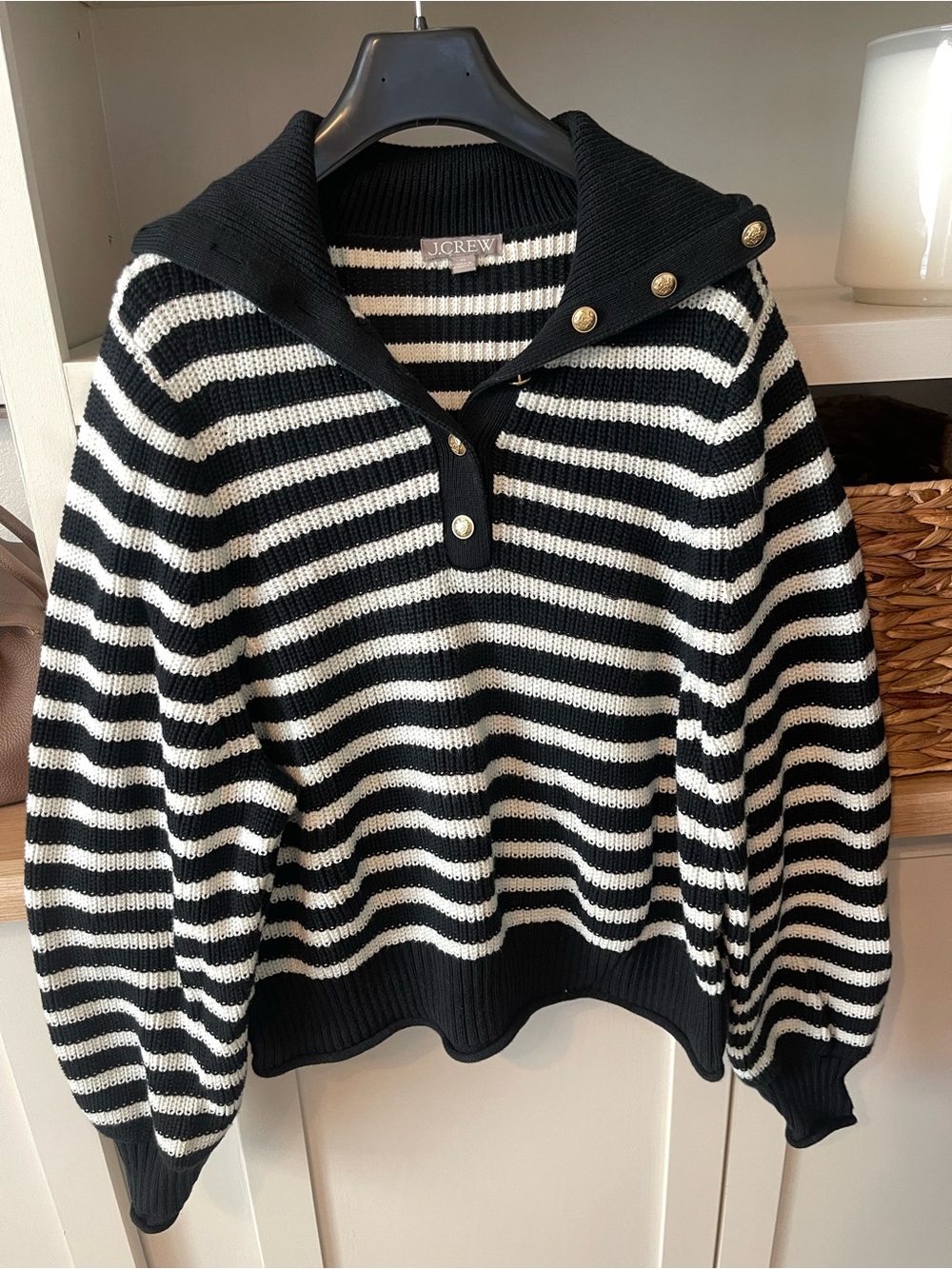 J. Crew Black & White Striped Button-Neck Knit Turtleneck Sweater